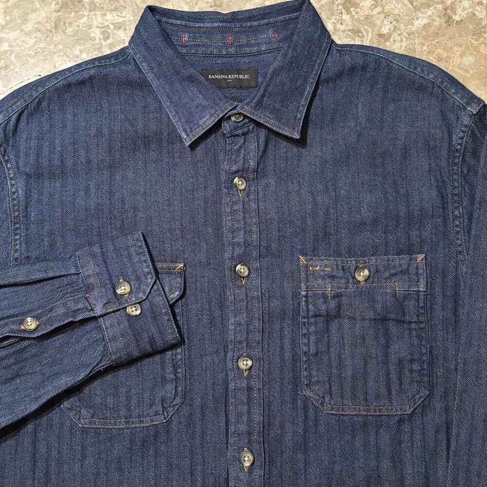 Banana Republic Shirt Mens Large Standard Blue Herringbone Denim Safari Work